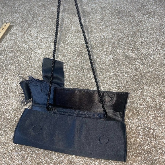 WHBM clutch small bag black bow/fur detailing satin feel rectangular flap close - Picture 4 of 8